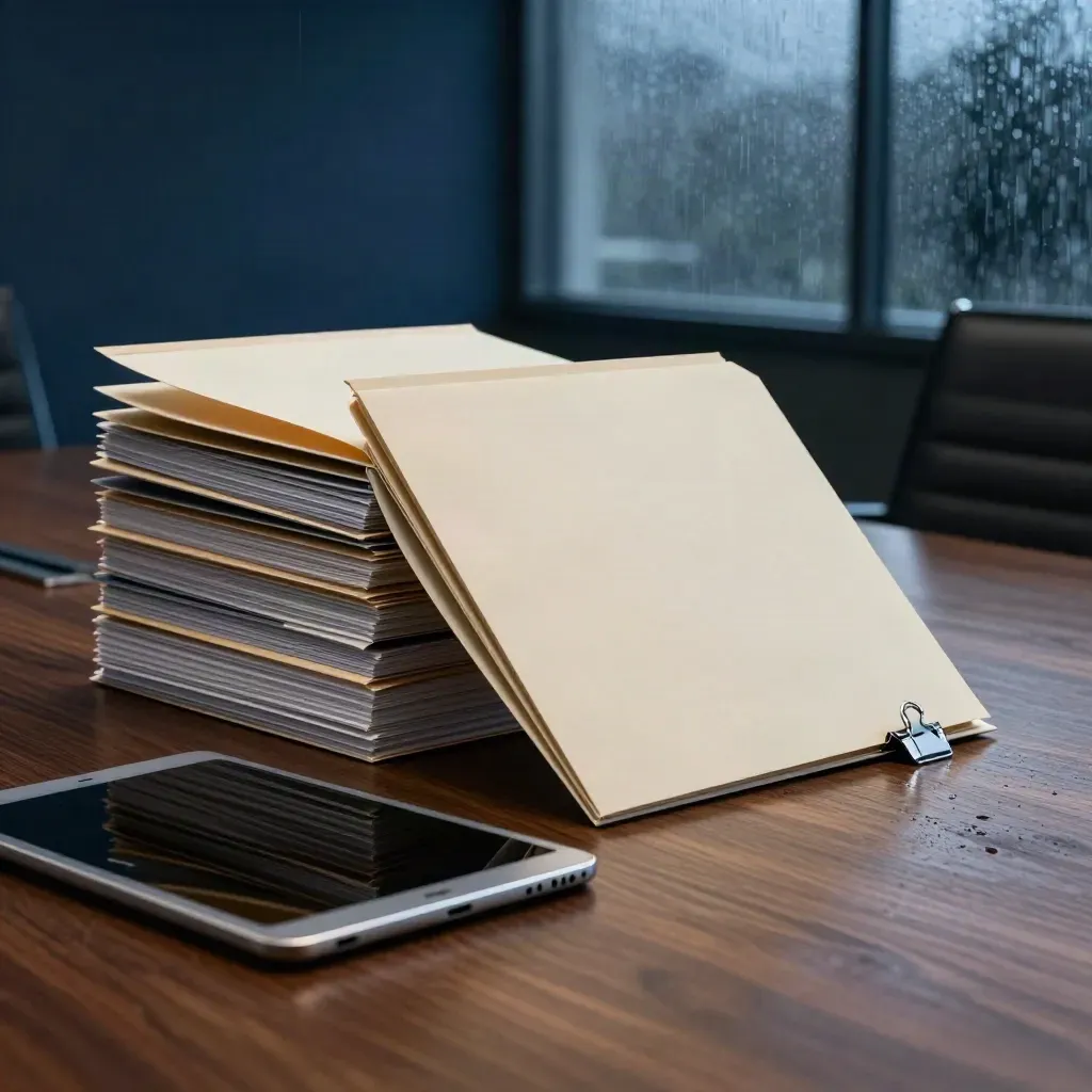 Folder laporan bulanan, tablet tertutup dan klip fail di meja mesyuarat gelap selepas hujan.