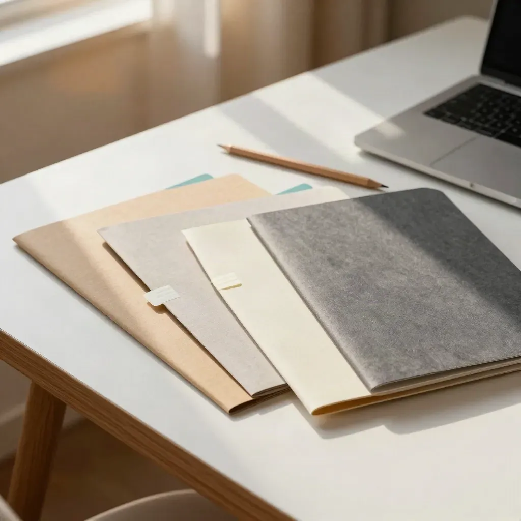 Pandangan atas folder, tab pelekat, pensel dan laptop tertutup di meja putih bercahaya hangat.