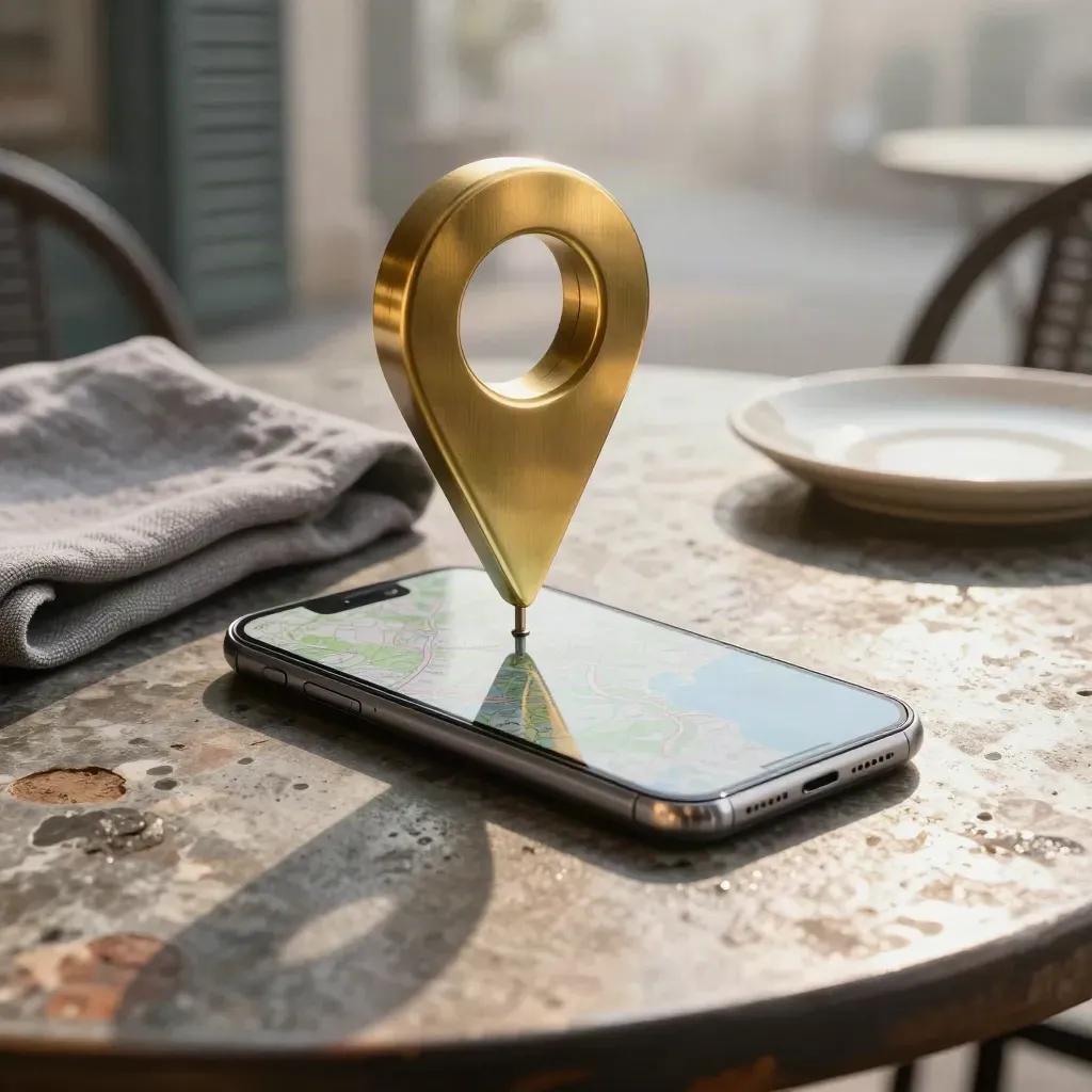 Pin lokasi gangsa, telefon dengan peta kabur, kain terlipat dan pinggan seramik di kafe pagi.
