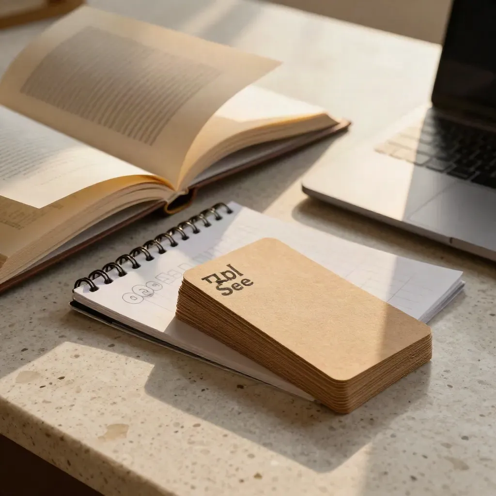 Buku rujukan, buku nota dan laptop di atas travertine dengan kad topik terbalik.