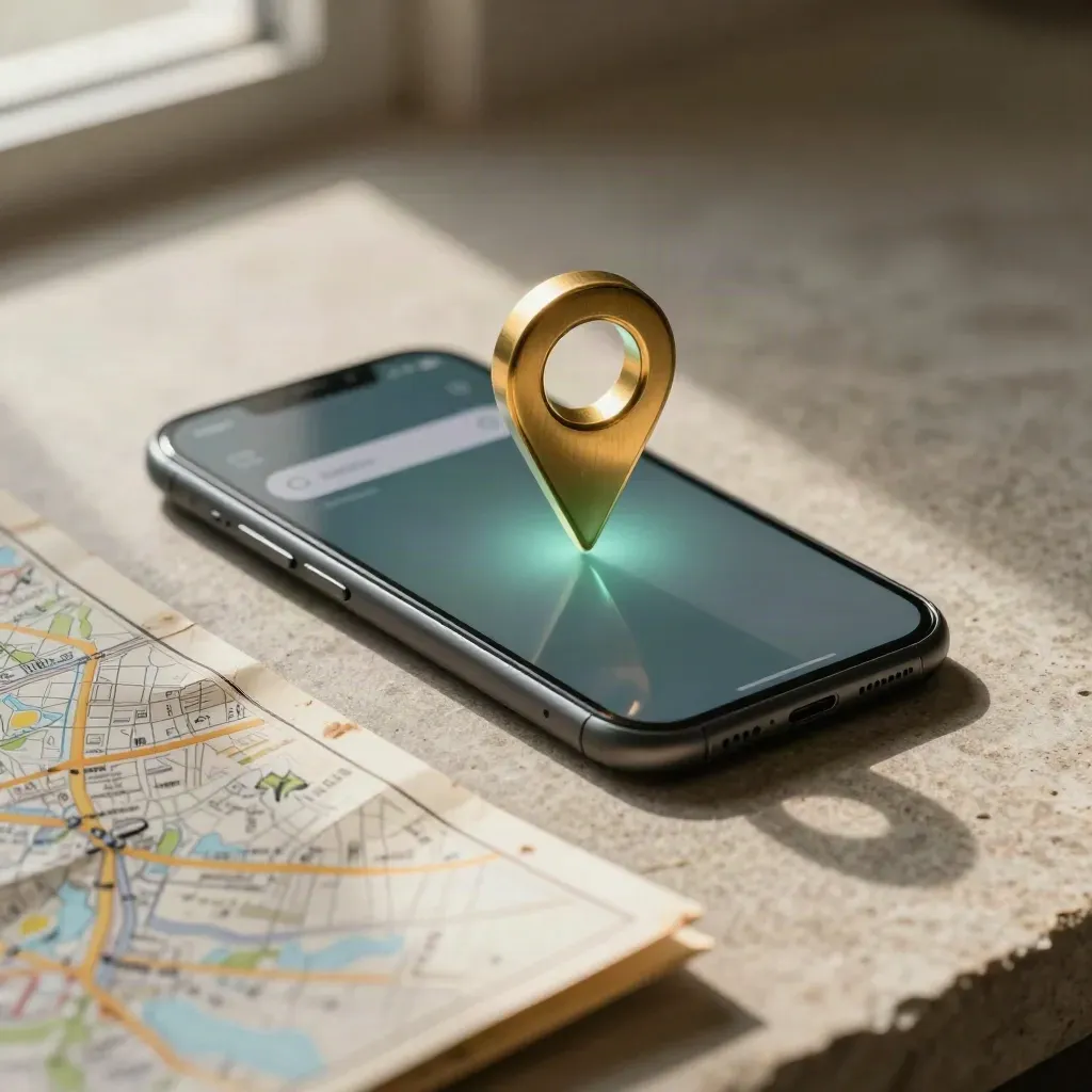 Telefon, pin lokasi gangsa dan peta lipat di atas batu, cahaya tingkap hangat.