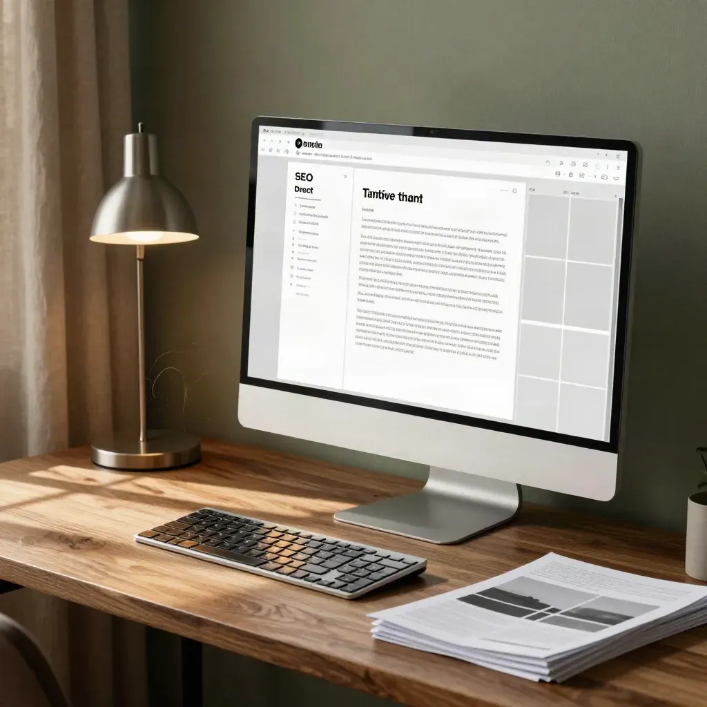 Monitor condong, papan kekunci dan komps halaman di meja pejabat SEO yang hangat.