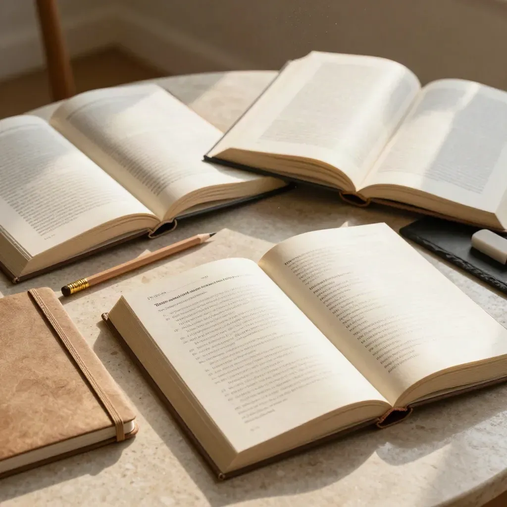 Buku rujukan, buku nota tertutup dan dulang pensel di atas meja batu kapur cerah.