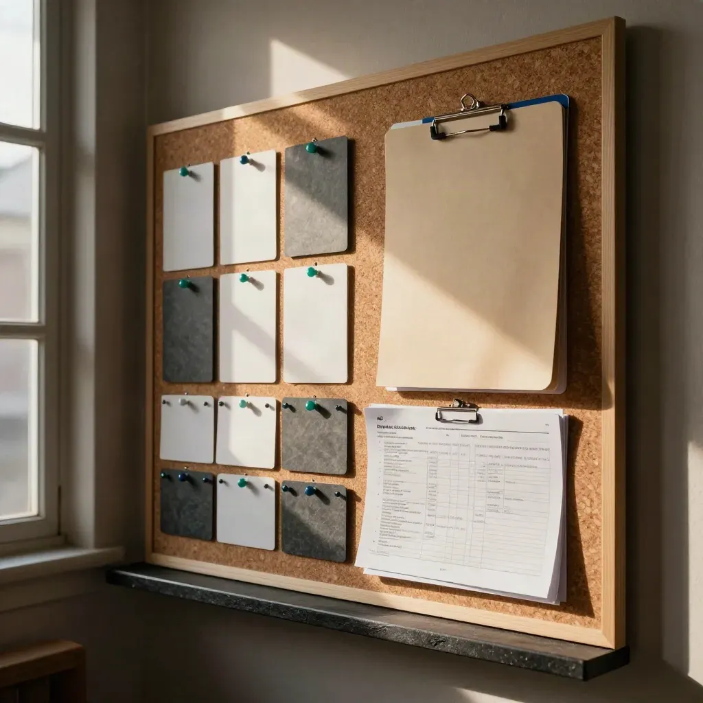 Papan sasaran Q2 di studio SEO dengan kad kosong, pin berwarna dan folder projek.