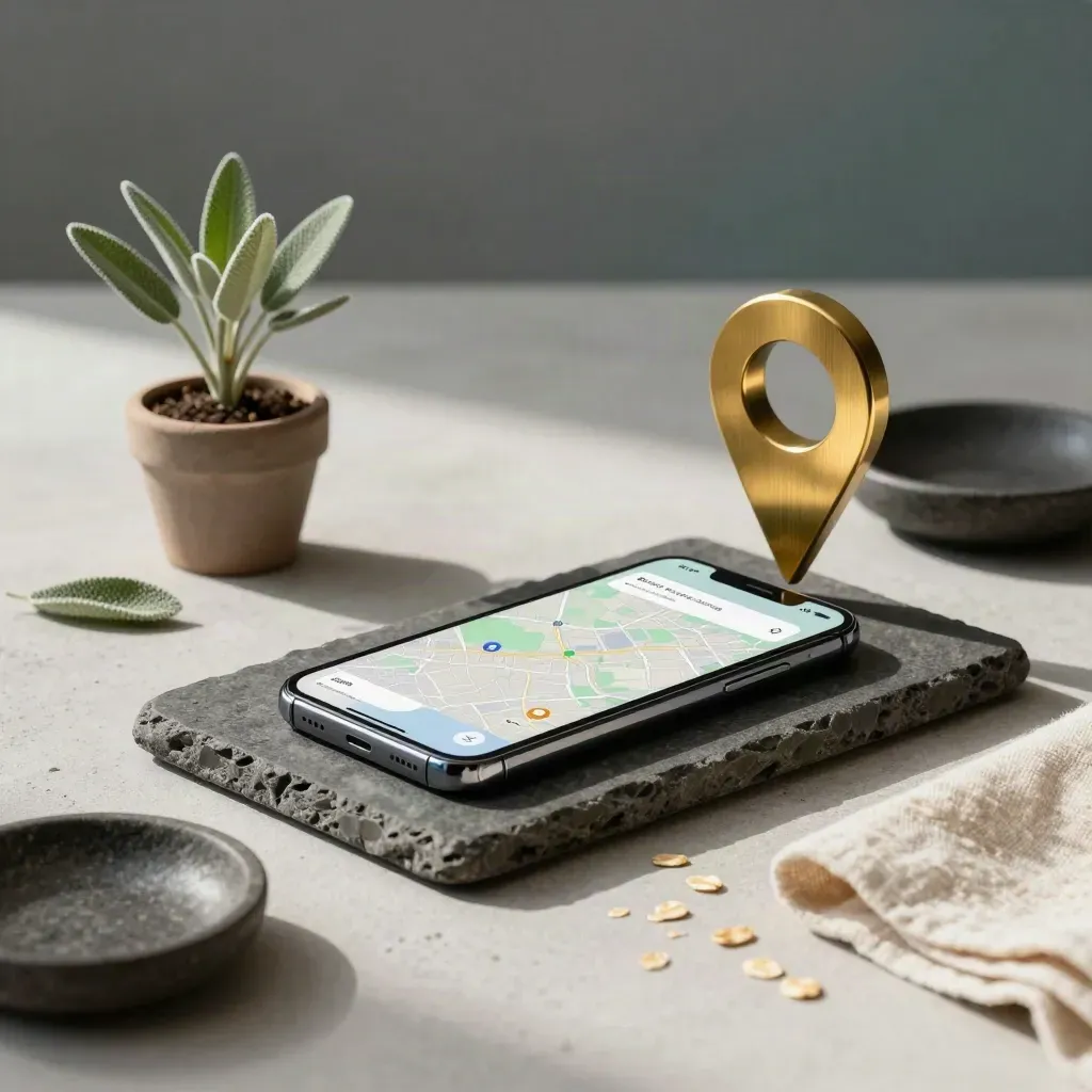 Telefon, pin lokasi, pokok kecil dan piring batu di atas dulang gelap.