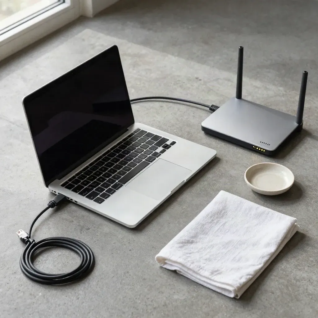Laptop separuh terbuka, router dan kabel Ethernet tersusun kemas atas permukaan konkrit.