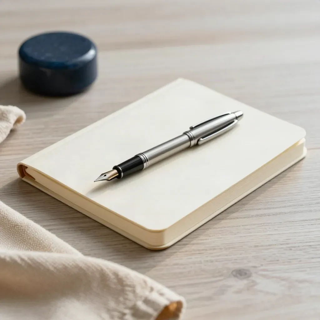 Notebook krim, pen dakwat, kain kapas lipat dan pemberat kertas di atas kayu pucat.